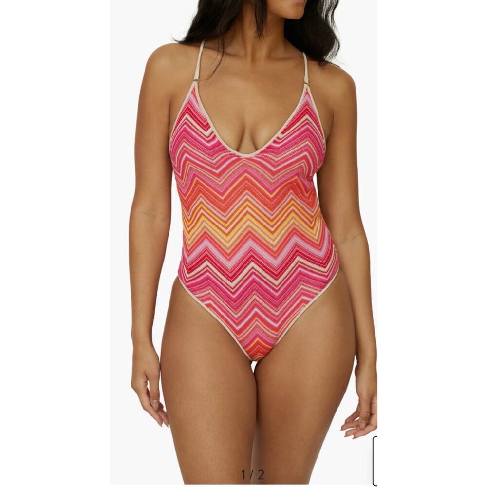 PQ Swim Margot One Piece Swimsuit Medium Chevron Metallic V Neck Crisscross  NWT